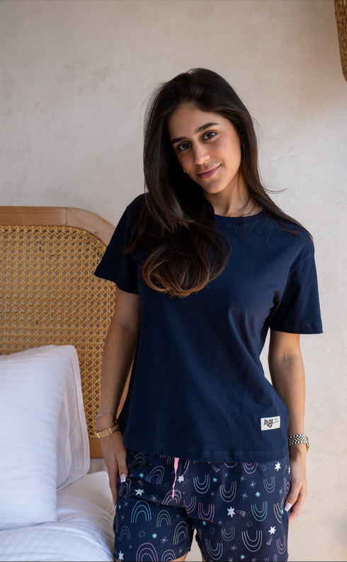Women Summer Pajama set Dark Blue T-shirt + Stars Shorts